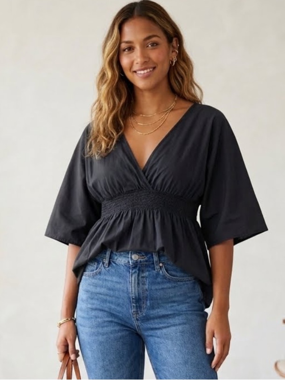 Old Navy Black V-Neck Smock-Waist Blouse Top Kimono Flutter Sleeve Cotton Small